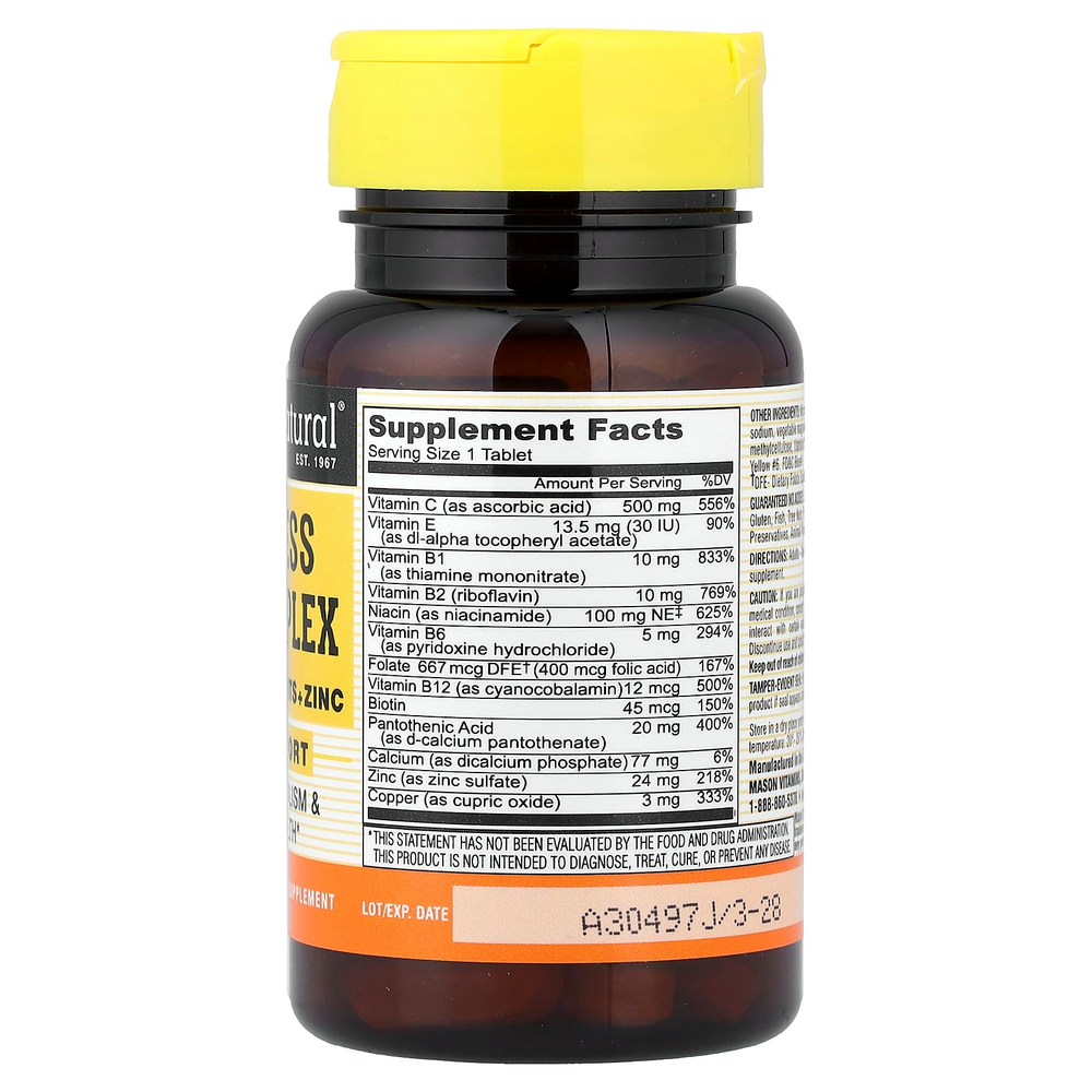 Mason Natural, Stress B-Complex, витамины группы B с антиоксидантами и цинком, 60 таблеток