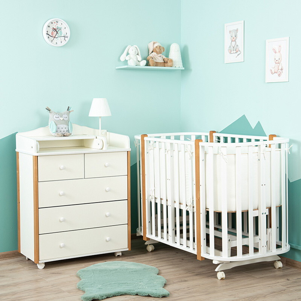 Кроватка-трансформер Vikalex Сканди маятник на колёсах белый/бук