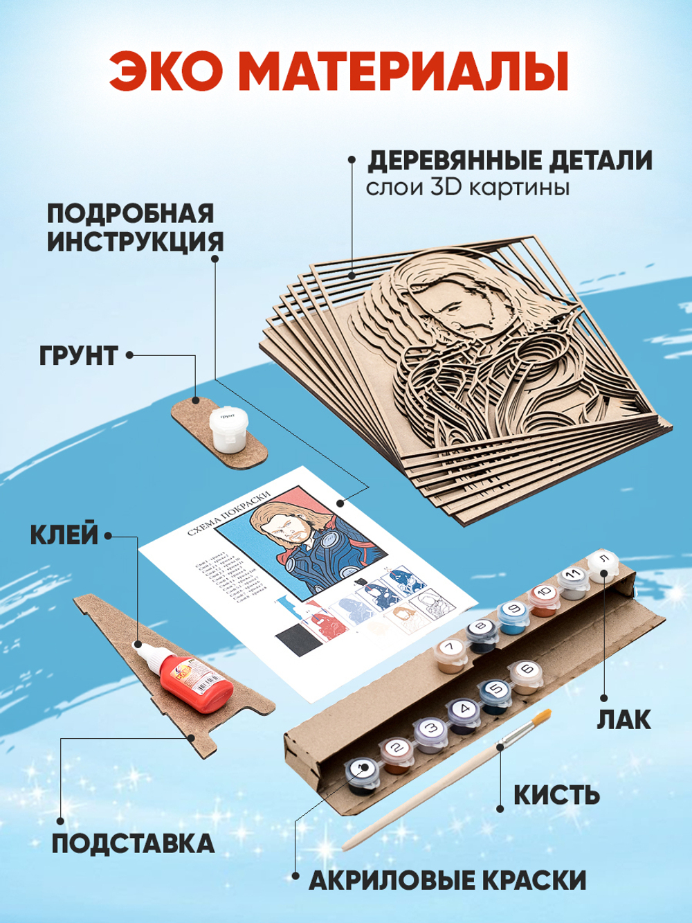 3D картина по номерам из дерева Тор Marvel (Марвел), SamCraft,  подарочный набор для творчества, многослойное панно из дерева для раскрашивания