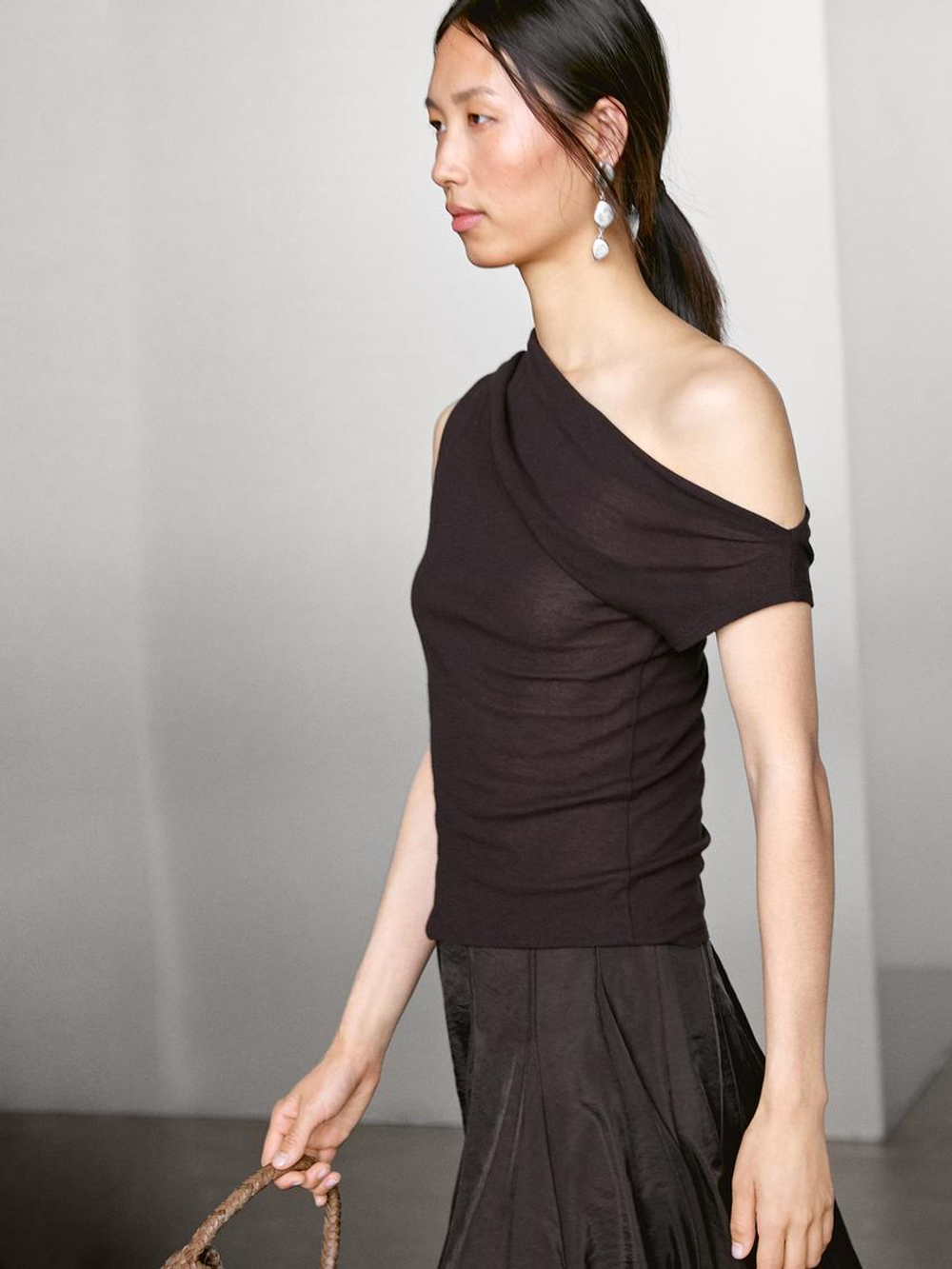 Massimo Dutti Топ асимметричного кроя из 100% хлопка, коричневый