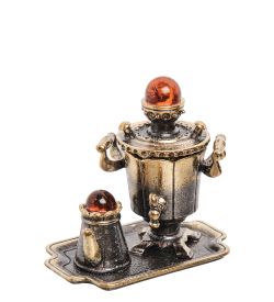 Народные промыслы AM-2183 Фигурка «Самовар-Чайный сервиз» (латунь, янтарь)