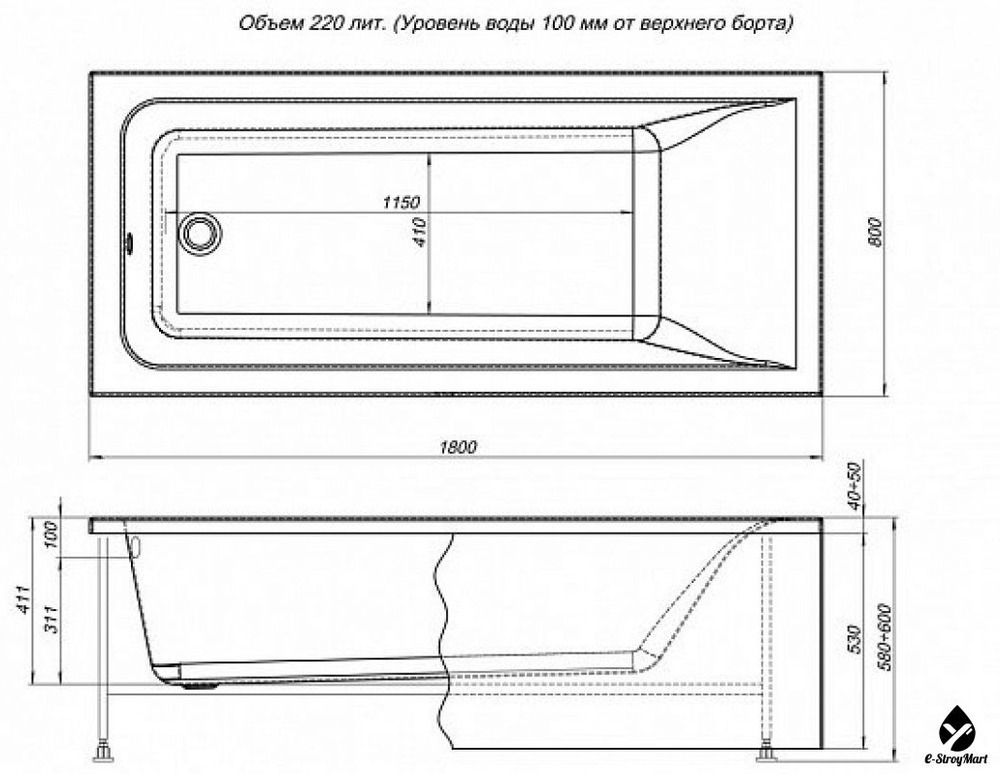 Ванна BRIGHT 180*80 в комплекте с каркасом