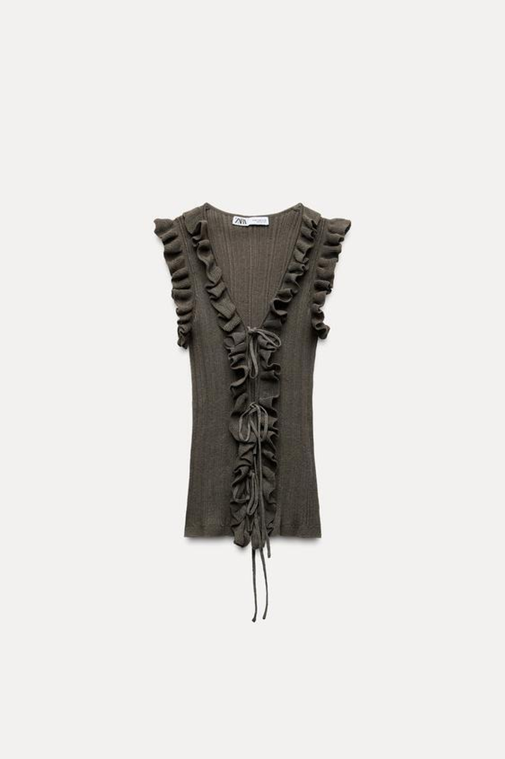 ZARA ТРИКОТАЖНЫЙ ТОП С ВОЛАНАМИ И ЗАВЯЗКАМИ, СЕРО-КОРИЧНЕВЫЙ