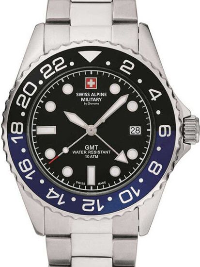 С браслетом Мужские наручные часы с серебряным браслетом Swiss Alpine Military 7052.1132 GMT diver 42mm 10ATM