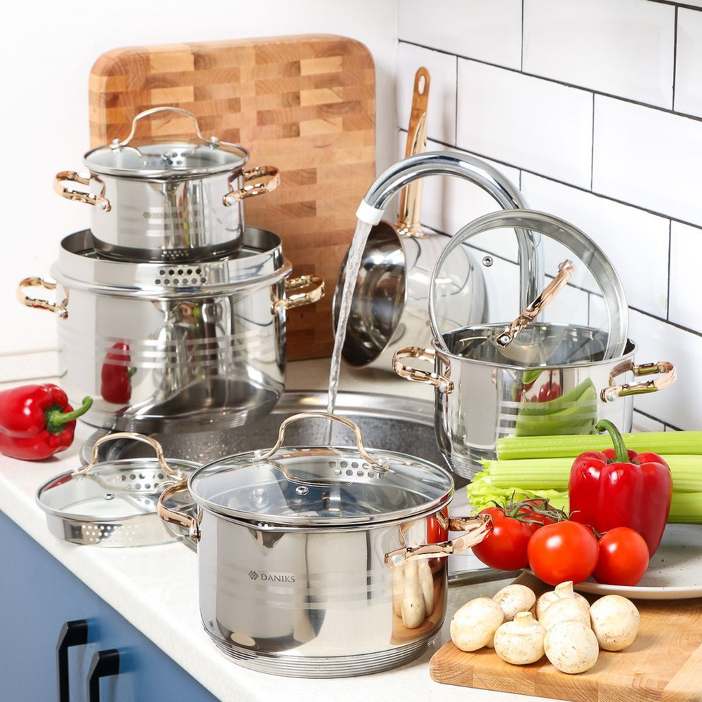 Набор посуды нерж, 10 пр, кастрюли 1.9,2.9,3.9,6.5 л, ковш 1.9 л, индукц, Daniks, Токио, SD-A87-10