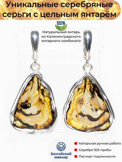 Уникальные серебряные серьги с цельным пейзажным янтарем, серебро 925 пробы