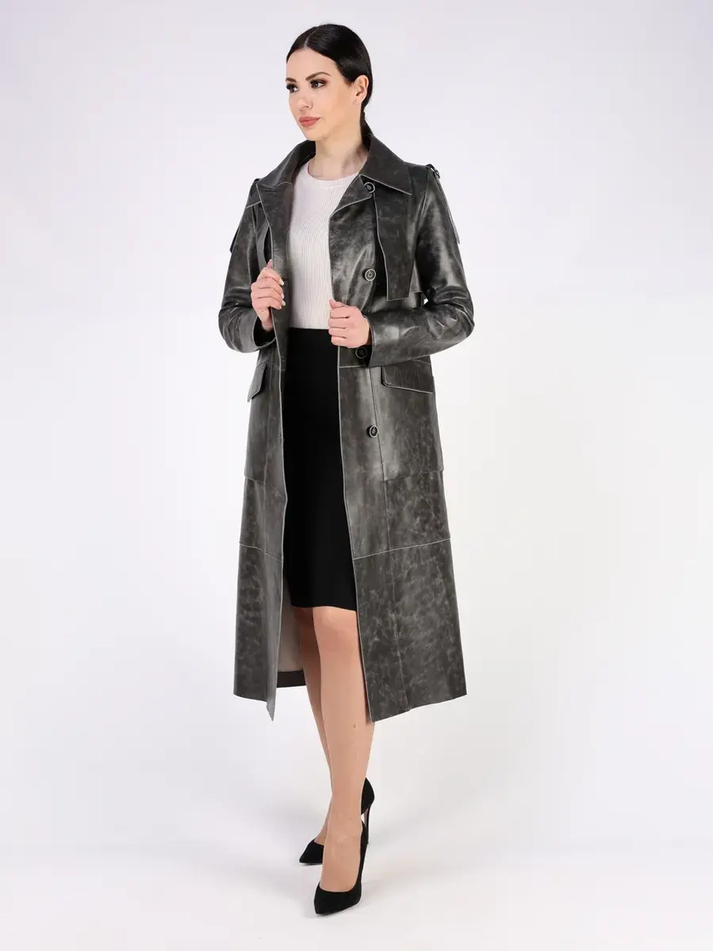 Кожаный тренч длинный с поясом плащ на осень