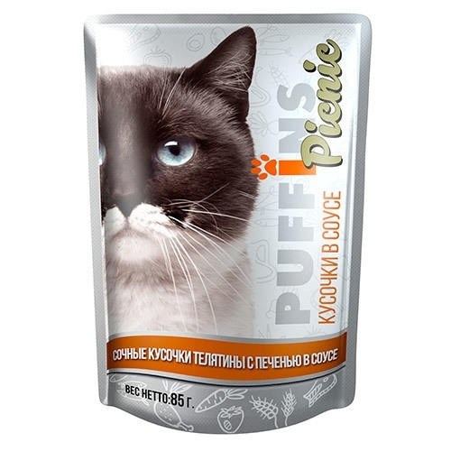 Puffins Picnic Влажный корм для кошек, телятина с печенью в соусе, 85 г