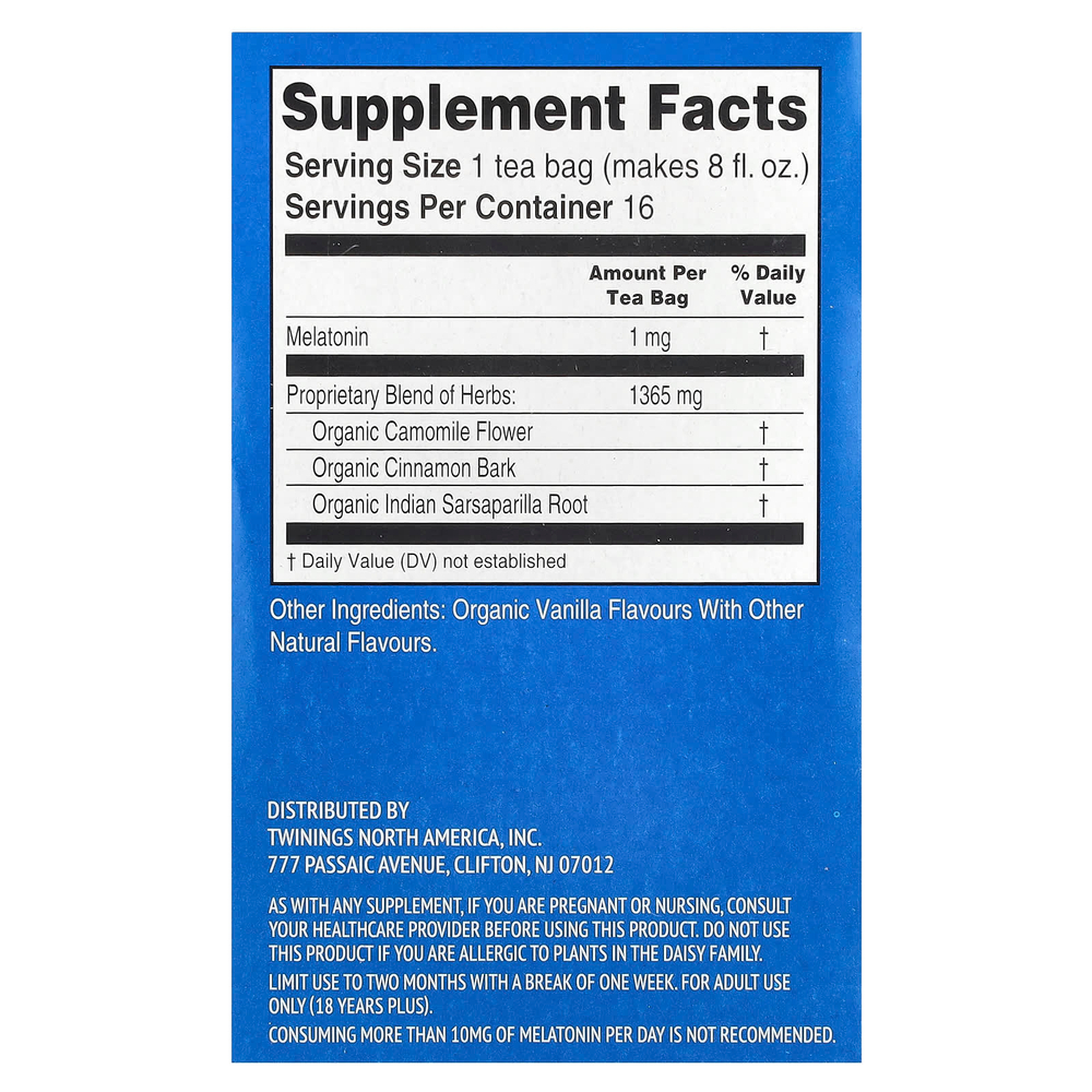 Twinings, Superblends, Melatonin, травяной чай с ромашкой, корицей и ванилью, без кофеина, 16 чайных пакетиков, 24 г (0,85 унции)