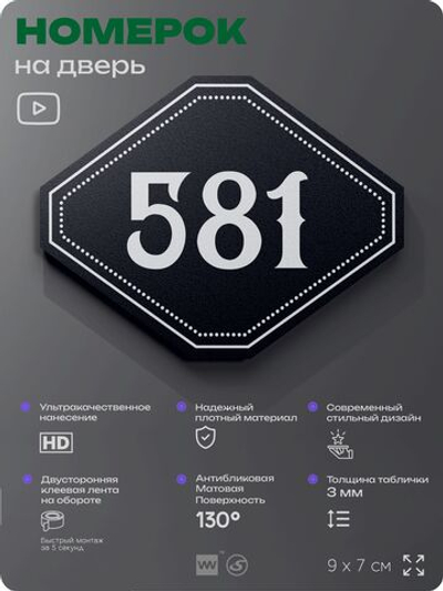 Номерок на дверь квартиры 581, для кабинета, офиса, шильдик 9 х 7 см, черный, Айдентика Технолоджи