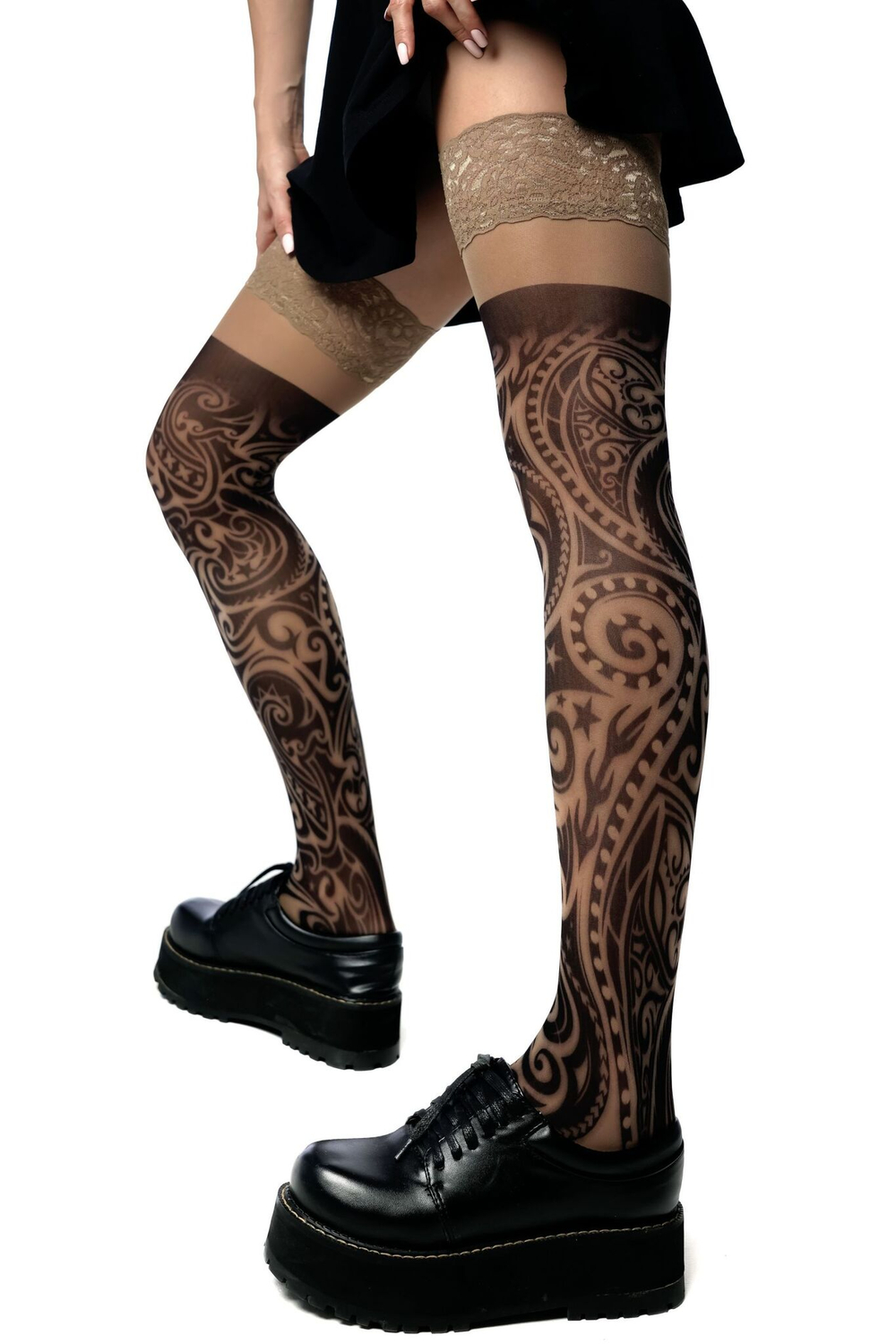 Черно-бежевые чулки с принтом в виде завитков (Размер: S-M-L) (Цвет: бежевый)