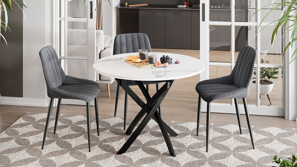 Стол кухонный обеденный круглый раздвижной Черный муар/Стекло глянцевое белое 100(132)х75х75 см