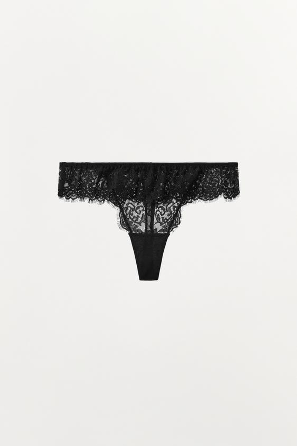 ZARA КРУЖЕВНЫЕ ТРУСЫ-ТАНГА С ВОЛАНАМИ, ЧЕРНЫЙ