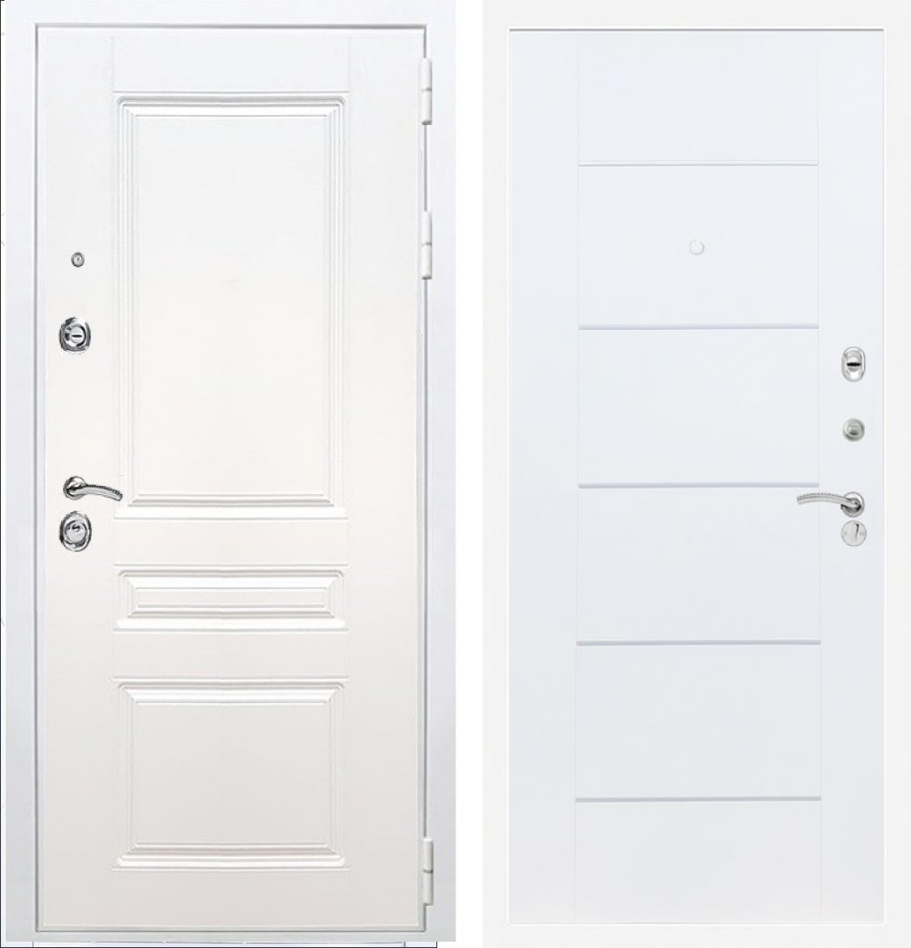 Входная металлическая белая дверь RеX (РЕКС) Премиум H белая ФЛ-243 силк сноу / В-03 Белый ясень, молдинги хром