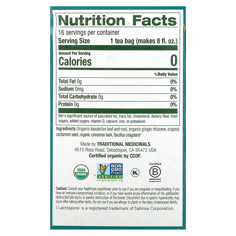 Traditional Medicinals, Organic Dandelion Chai Probiotic, пробиотический чайс одуванчиком, 16 чайных пакетиков, 33,6 г (1,19 унции)