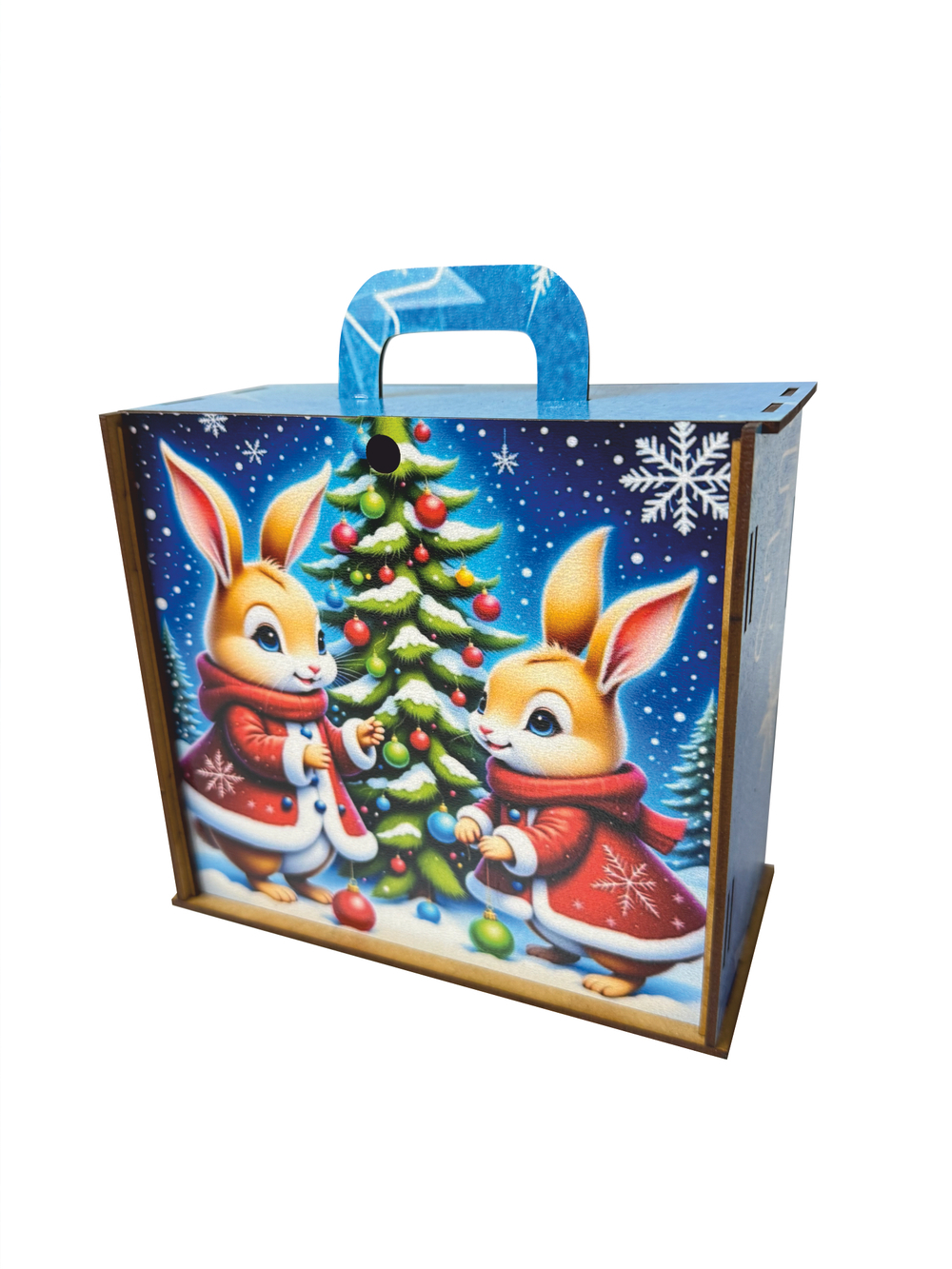 Деревянная Новогодняя упаковка,чемодан Весёлые зайчата
