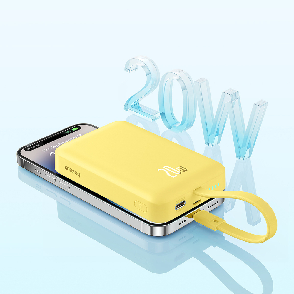 Внешний аккумулятор + Беспроводная зарядка Baseus Magnetic Mini iP Edition C+L+Qi 10000mAh 20W (MagSafe) - Lemon Yellow