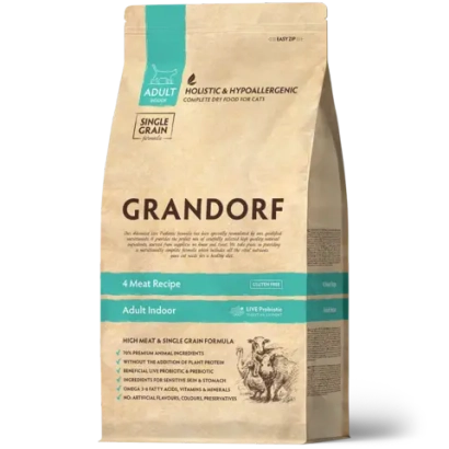 Сухой низкозерновой корм GRANDORF CAT 4 Meat PROBIOTIC INDOOR Четыре вида мяса для домашних кошек 2кг