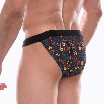 Темно-серые трусы-танга с разноцветным принтом в виде значков (Размер: M) (Цвет: темно-серый)