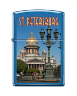 Легендарная классическая американская бензиновая широкая зажигалка ZIPPO Classic Cerulean™ синяя глянцевая из латуни и стали с рисунком "Исакиевский собор"  ZP-24534 ST ISSACS