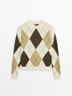 Massimo Dutti Хлопковый вязаный свитер с узором ромбы, натуральный/кремовый