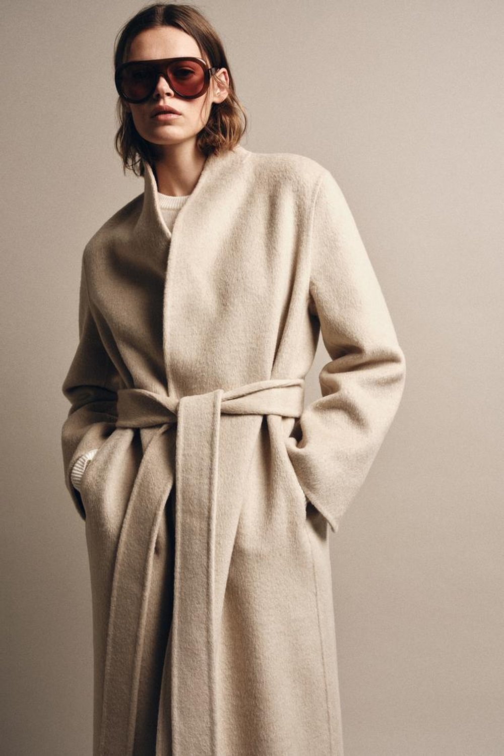 ZARA МИНИМАЛИСТИЧНОЕ ПАЛЬТО ИЗ СМЕСОВОЙ ШЕРСТИ — ZW COLLECTION LIMITED EDITION, БЕЖЕВЫЙ