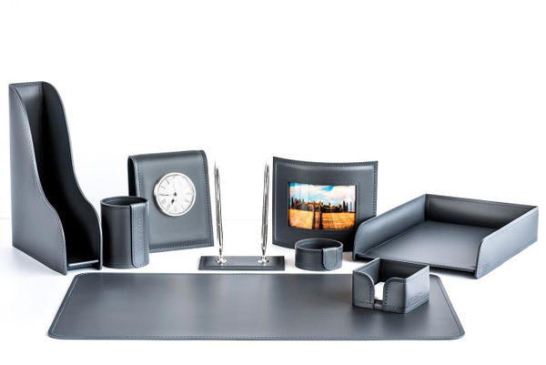 Настольный набор из темно-серой кожи (графит) 9 предметов №155