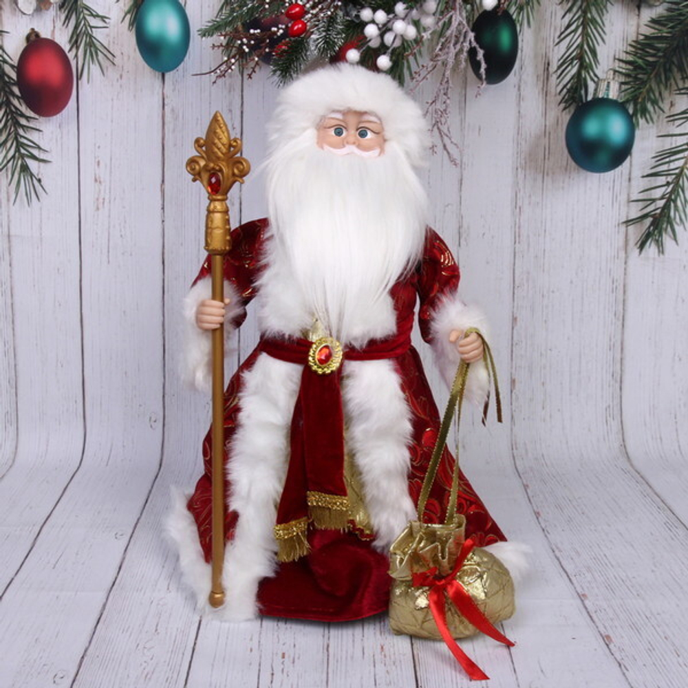 Дед Мороз музыкальный 50 см в рубиновой шубе с посохом и мешком