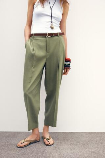 ZARA БРЮКИ ПРЯМОГО КРОЯ ИЗ СМЕСОВОГО ЛЬНА С РЕМНЕМ, СВЕТЛЫЙ ХАКИ