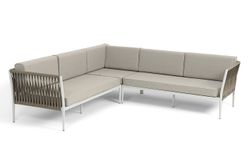 "Касабланка" диван модульный плетеный из роупа, каркас алюминий, роуп серо-коричневый 23мм, ткань бежевая 15052