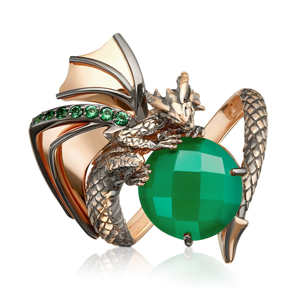 Кольцо «Дракон» из красного золота с халцедоном и фианитами