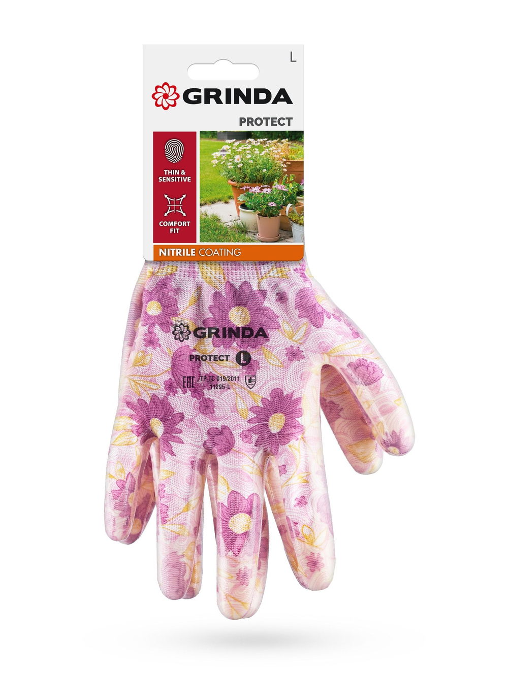 GRINDA PROTECT, L (9), садовые перчатки с прозрачным нитриловым покрытием, зелёные, 13 класс (11295-L)