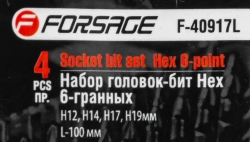Набор головок-бит Hex 6-гранных, 4 пр. (Н12,Н14,Н17,Н19мм, L-100мм) 1/2'', на планке Forsage F-40917L