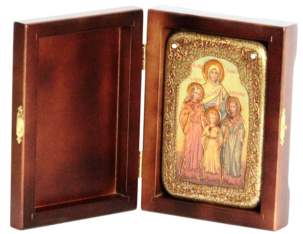 Икона Вера, Надежда, Любовь и мать их София 15х10см, инкрустированная жемчугом, в подарочной коробке