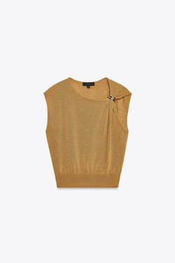 ZARA ТРИКОТАЖНЫЙ ТОП С ФУРНИТУРОЙ, ТЕМНО-СОЛОМЕННЫЙ