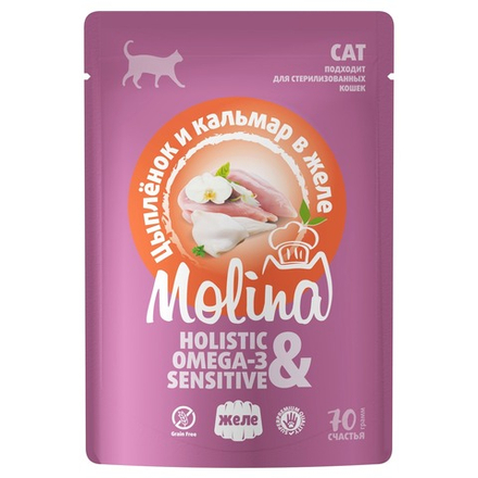 MOLINA. Пауч для взрослых кошек. Цыпленок и кальмар в желе, 70 г