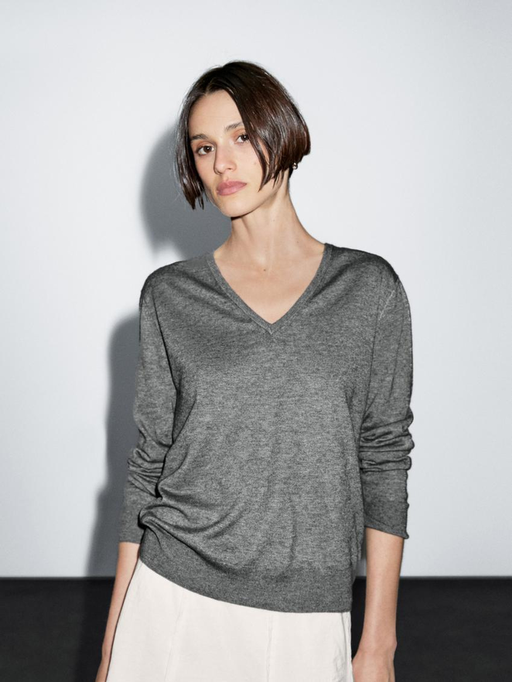 Massimo Dutti Свитер из смесовой шерсти с V-образным вырезом, серый