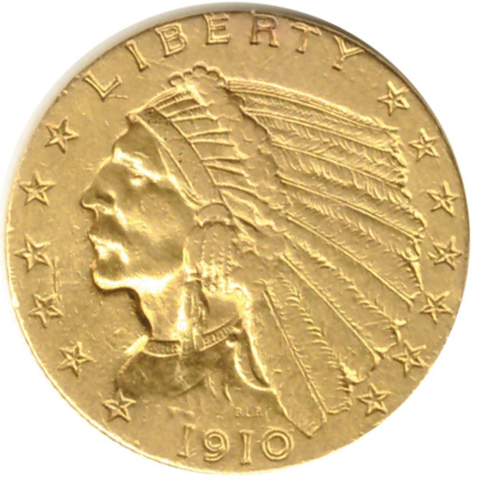2 и 1/2 доллара 1910. США (Индеец). Золото XF
