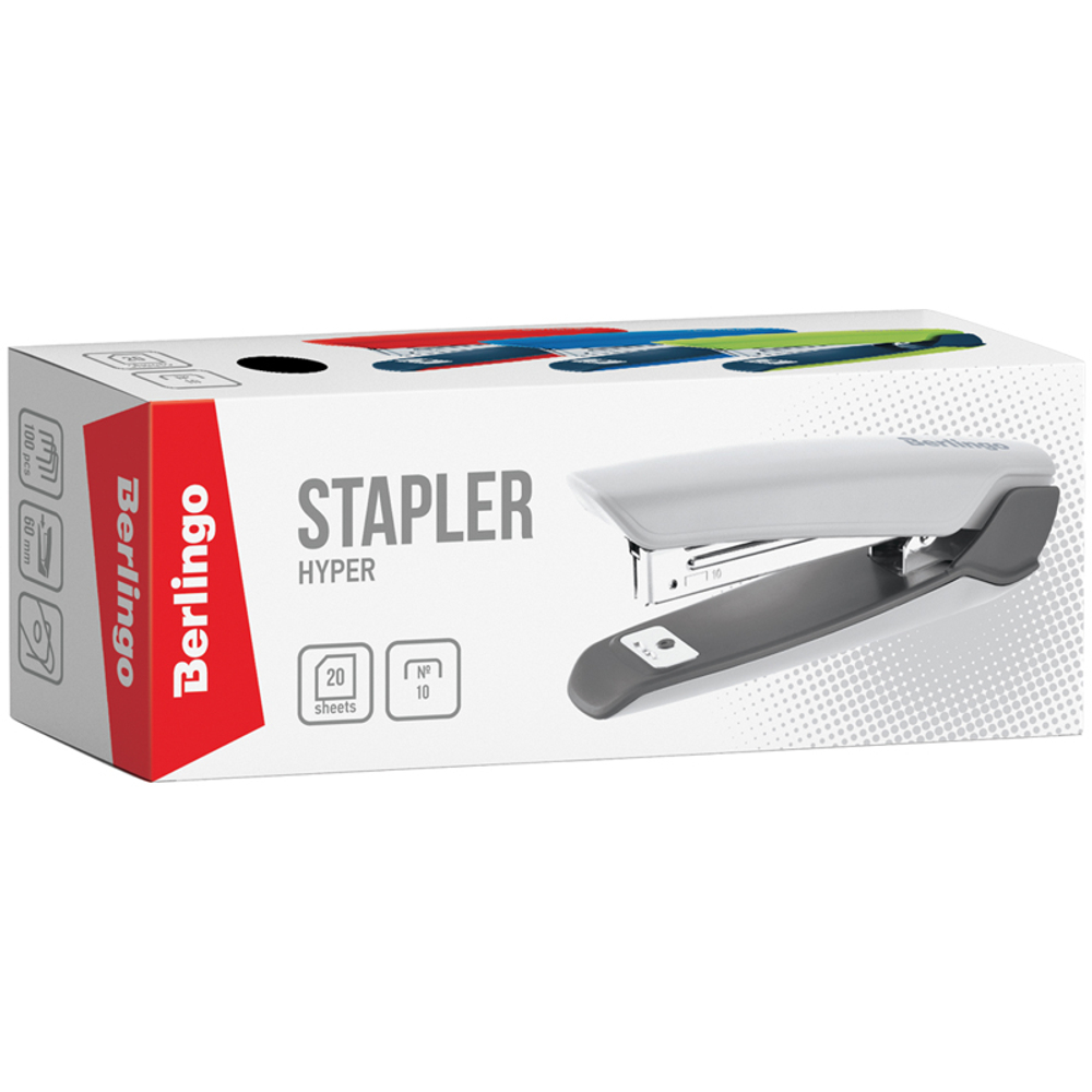 Степлер №10 Berlingo "Hyper" до 20л, пластиковый корпус, красный