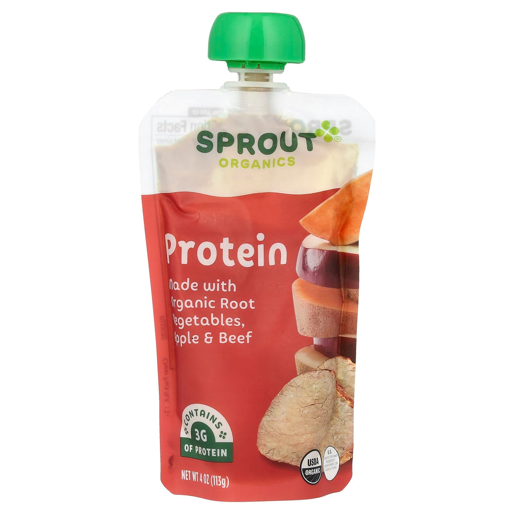 Sprout Organics, Детское питание, для детей от 8 месяцев, протеин, органические корнеплоды, яблоко и говядина, 113 г (4 унции)