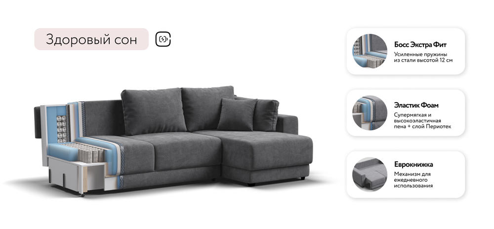 Угловой диван Босс Прайм ХЛ Шенилл Клауд графит