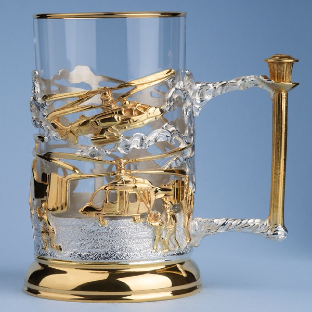 Подстаканник "Вертолеты" c золочением и серебрением (художественное литье) в футляре