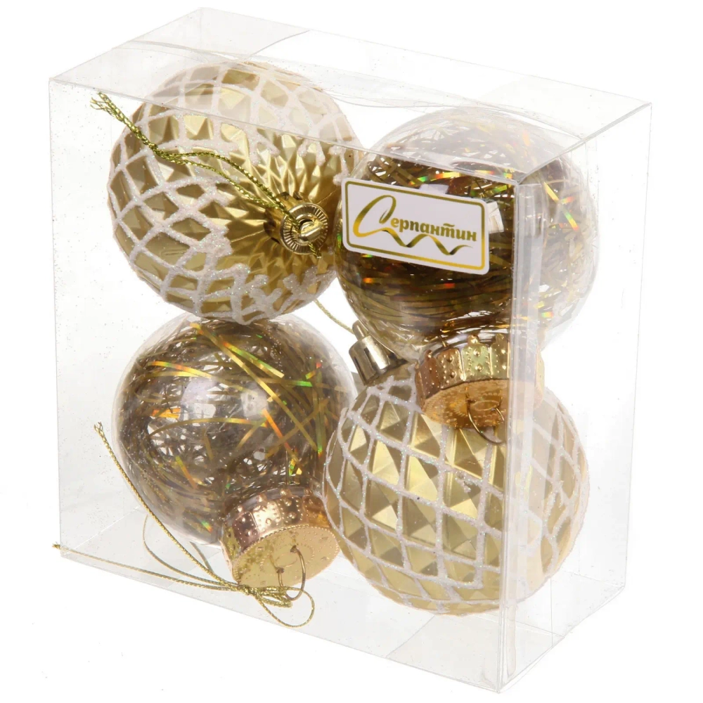 Новогодние шары 6 см (набор 4 шт) «Яркая метель», золото/белый