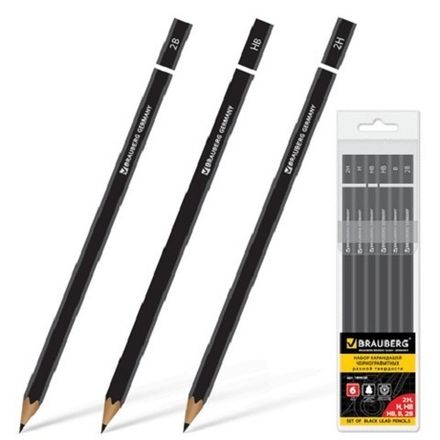 Набор карандашей чернографитных 6шт. 2Н-2В, Brauberg Touch line, блистер