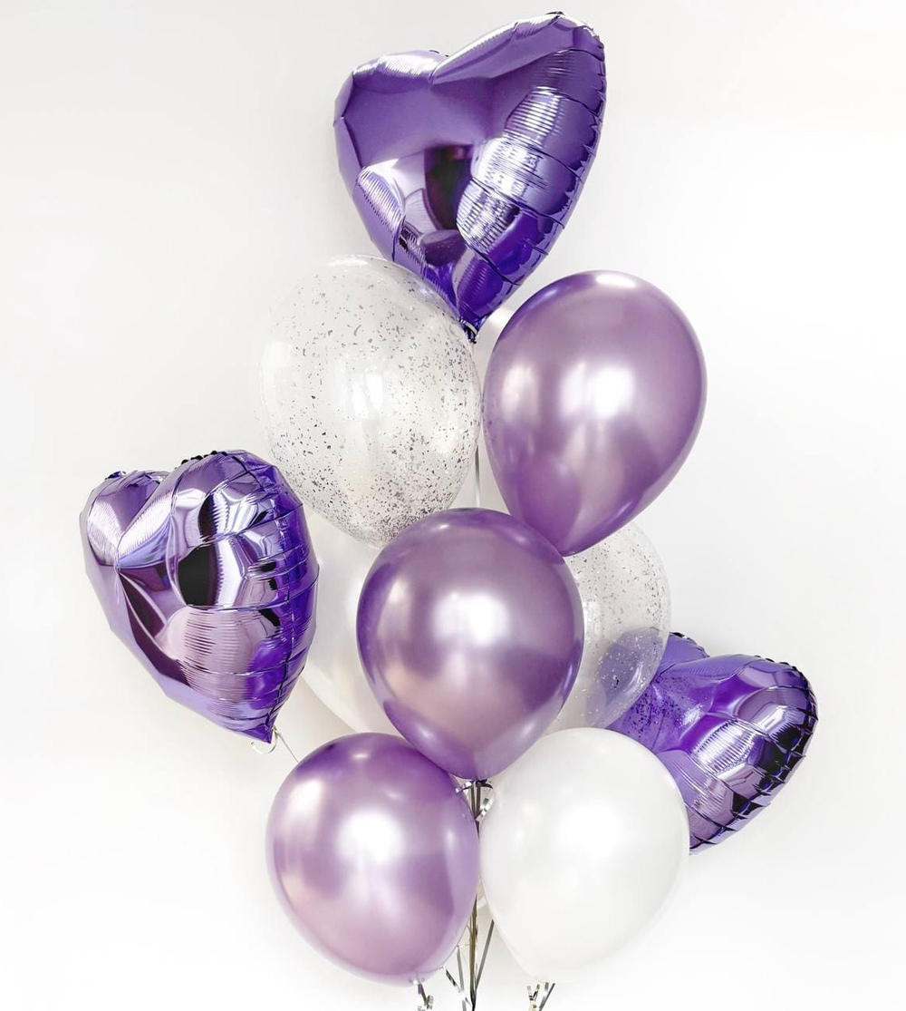 Букет шаров с сиреневыми сердцами