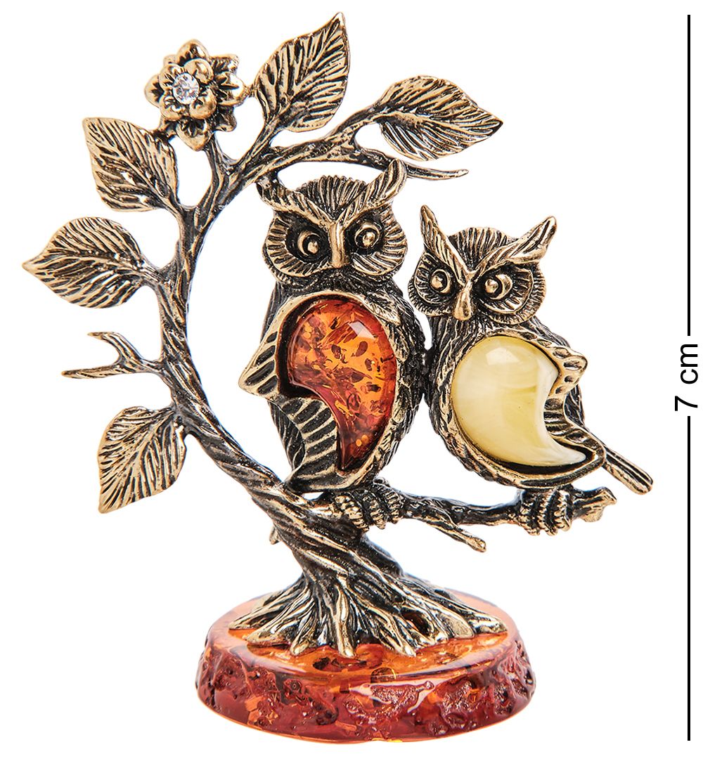 Народные промыслы AM-2248 Фигурка «Совушки на дереве» (латунь, янтарь)
