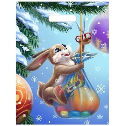 Новогодние пакеты "Зайка с подарками" 31х40+6см 60мкм (50/500шт)