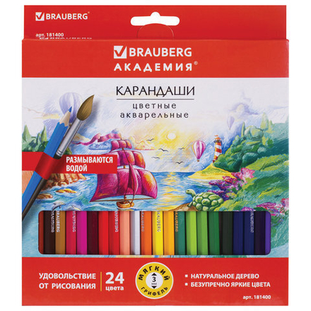 Карандаши цветные акварельные BRAUBERG "АКАДЕМИЯ", 24 цвета, шестигранные,высокое качество