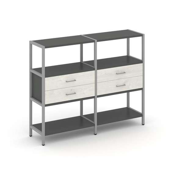 Shelf System Двухсекционный стеллаж трехярусный с ящиками SN.STM-322 Антрацит/Дуб Наварра/Металл Сер