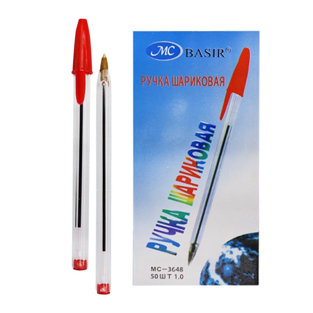 Ручка шариковая, Basir, красные чернила, прозрачный корпус, 50 шт